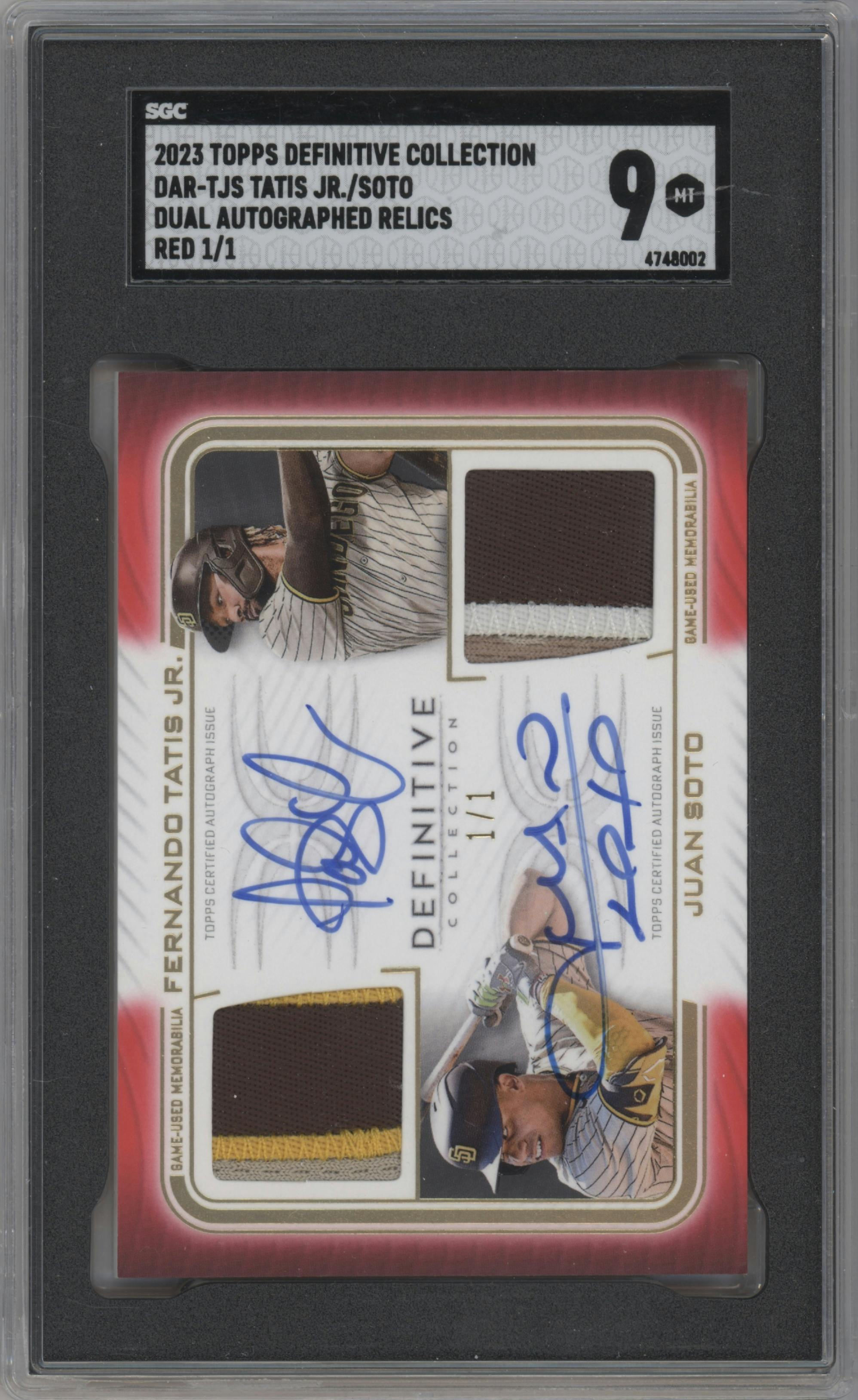 Fernando Tatis Jr/Juan Soto from the 2023 Topps Definitive Collection set featuring a Red  parallel graded by SGC and given an overall grade of 9.