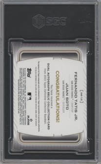 Fernando Tatis Jr/Juan Soto from the 2023 Topps Definitive Collection set featuring a Red  parallel graded by SGC and given an overall grade of 9.