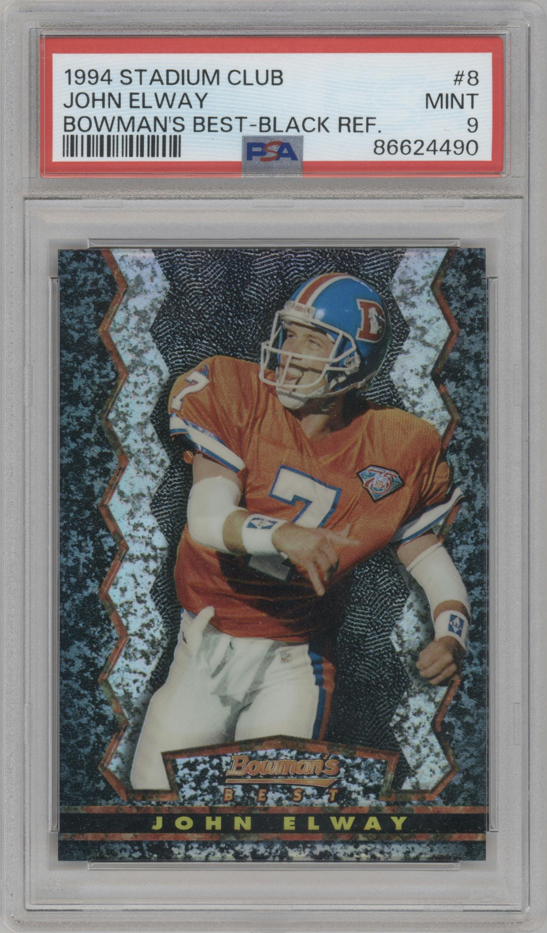 John Elway from the 1994 Stadium Club set featuring a Black Refractor parallel graded by PSA and given an overall grade of 9.