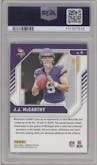 J.J. McCarthy from the 2024 Donruss set graded by PSA and given an overall grade of 10.