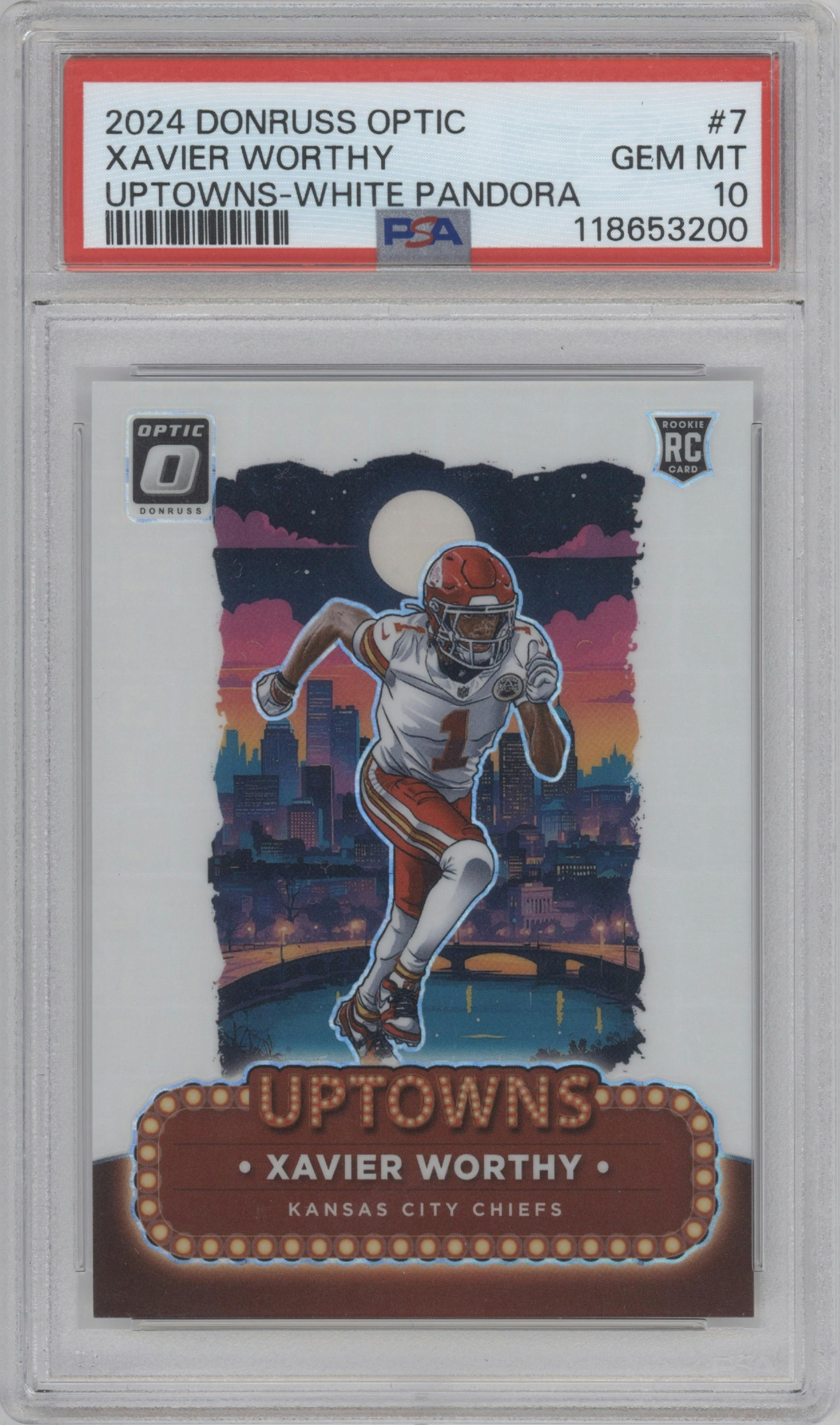 Xavier Worthy from the 2024 Donruss Optic set featuring a White Pandora parallel graded by PSA and given an overall grade of 10.