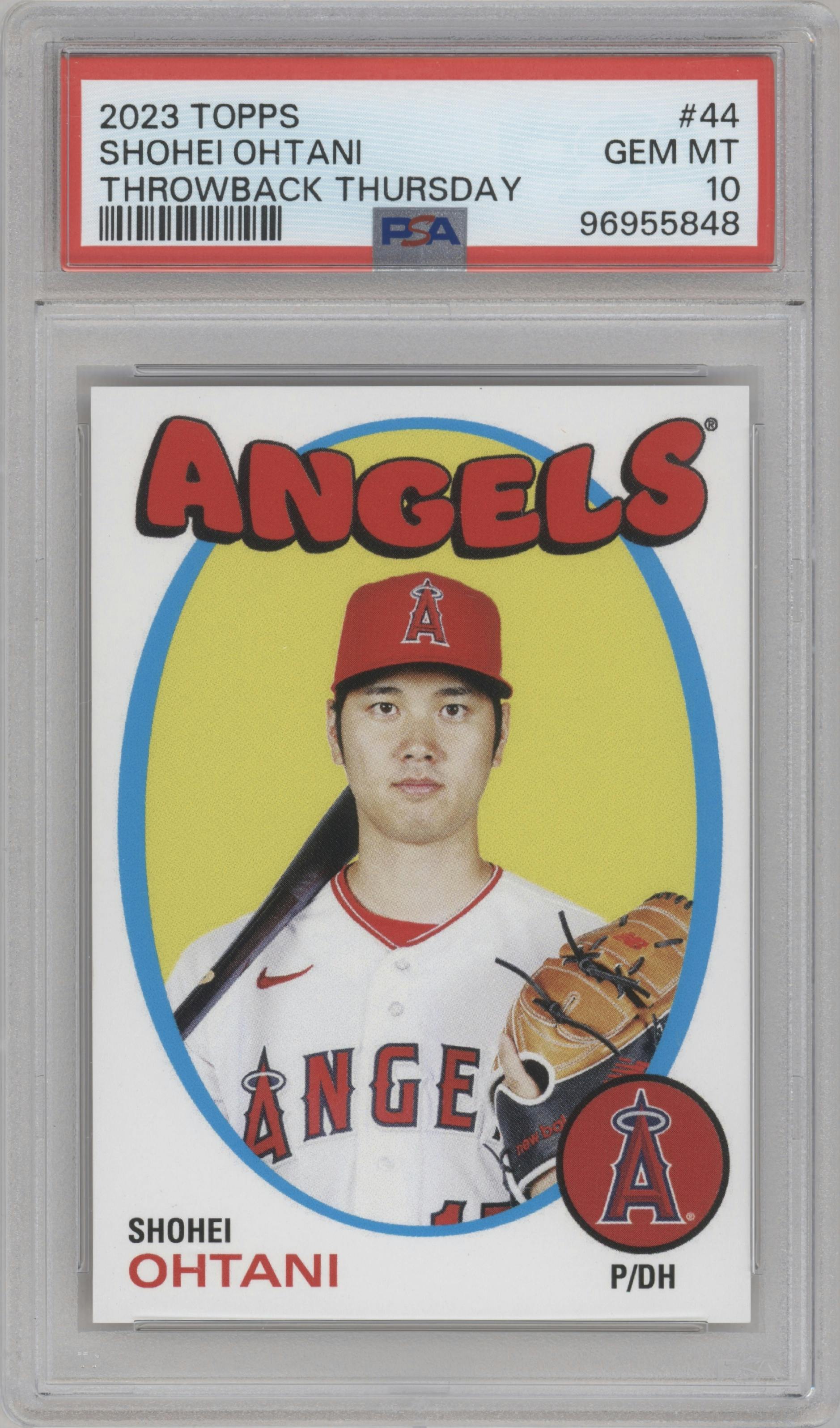 Shohei Ohtani from the 2023 Topps Throwback Thursday set graded by PSA and given an overall grade of 10.