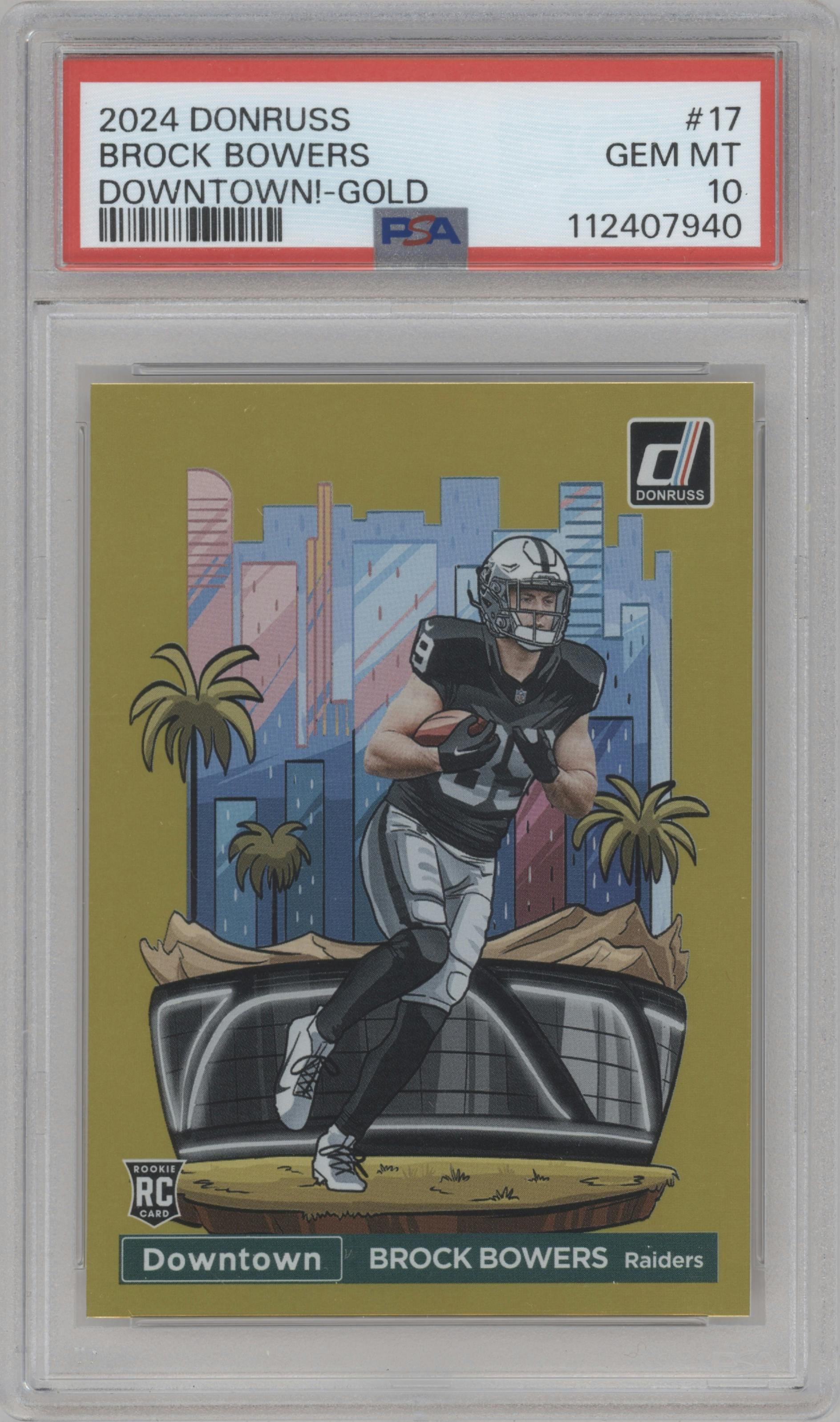 Brock Bowers from the 2024 Donruss set featuring a Gold parallel graded by PSA and given an overall grade of 10.