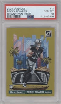Brock Bowers from the 2024 Donruss set featuring a Gold parallel graded by PSA and given an overall grade of 10.