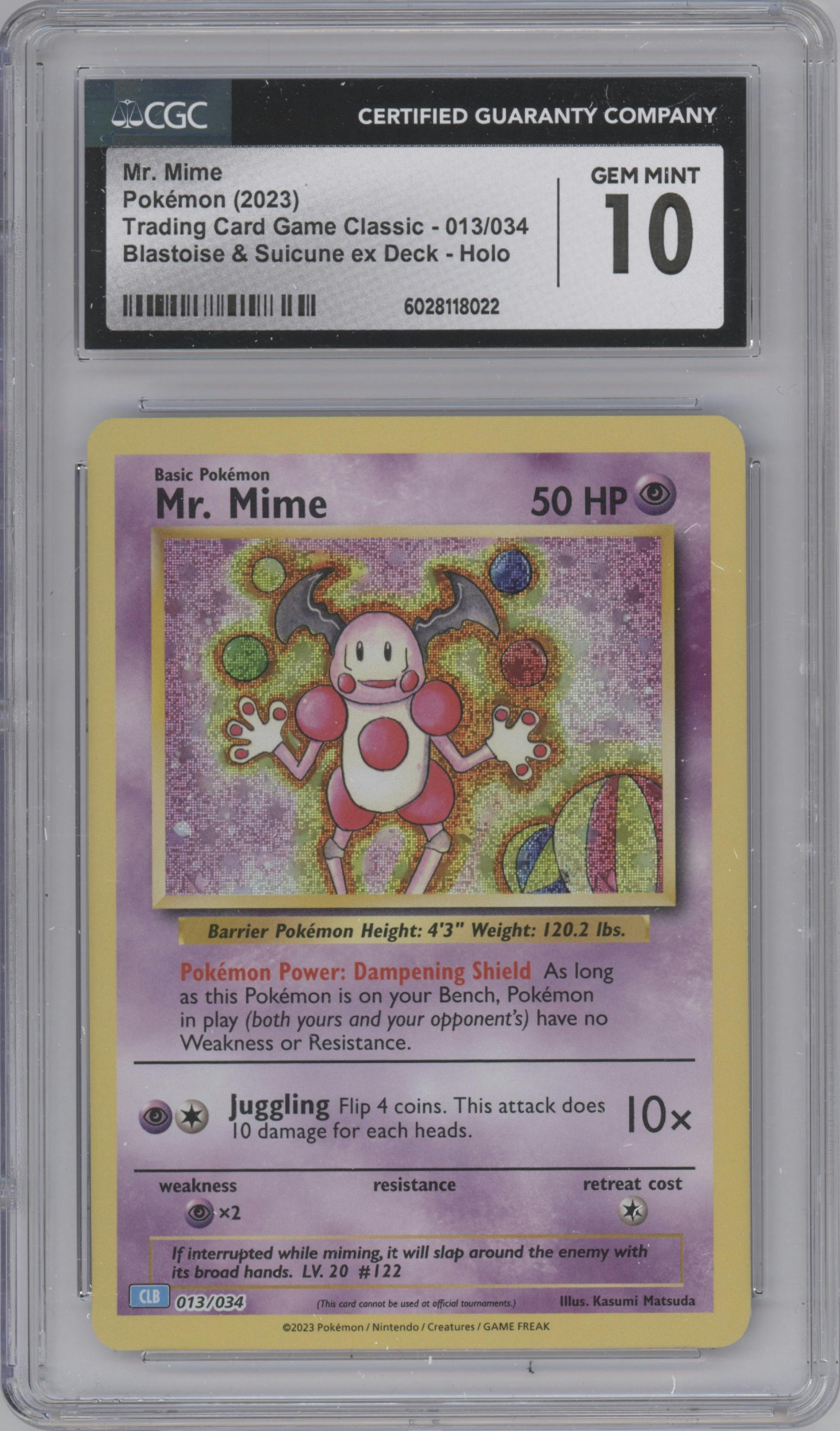 Mr. Mime from the 2023 Pokemon CLB set graded by CSG and given an overall grade of 10.