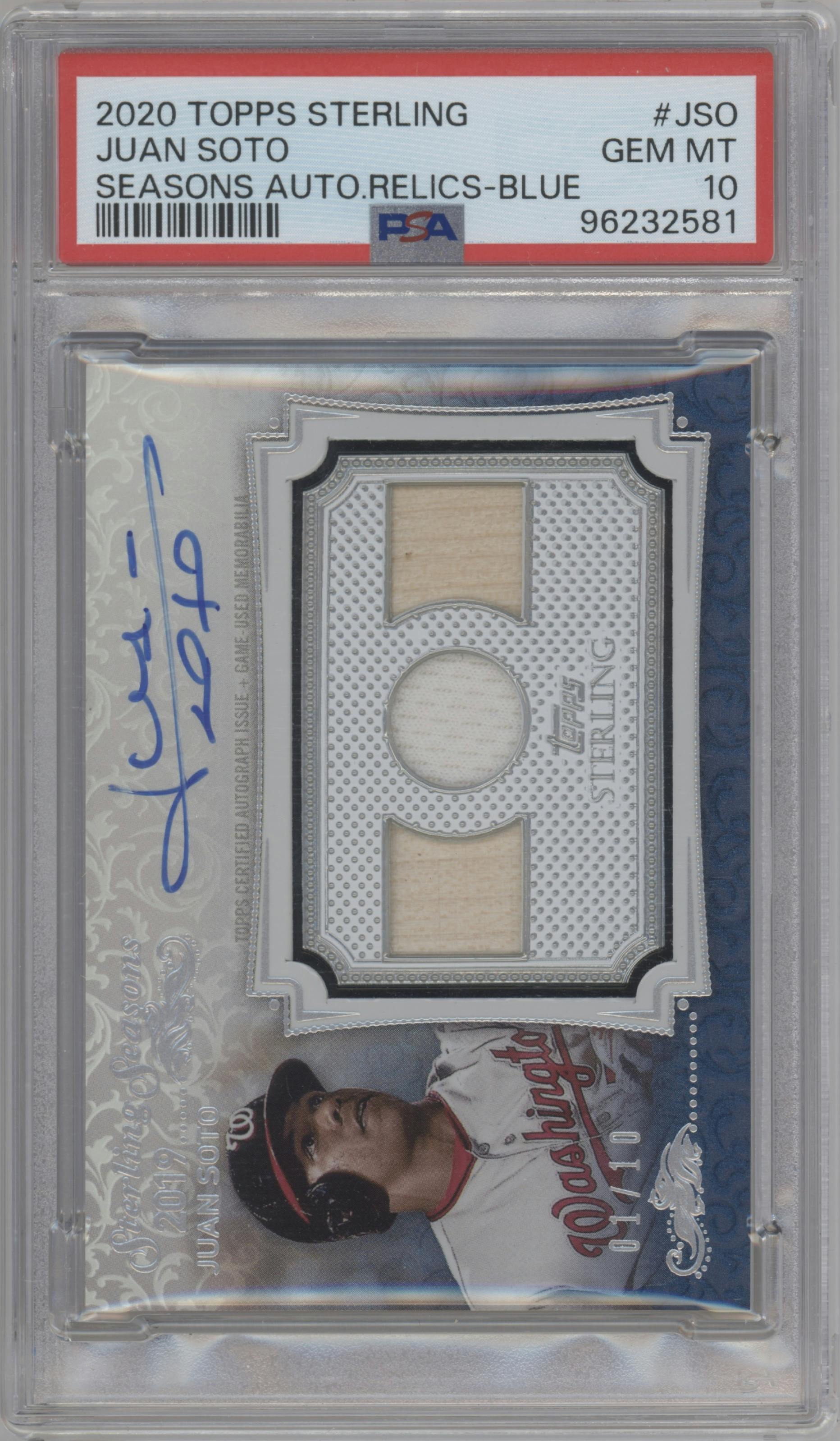 Juan Soto from the 2020 Topps Sterling set featuring a Blue parallel graded by PSA and given an overall grade of 10.