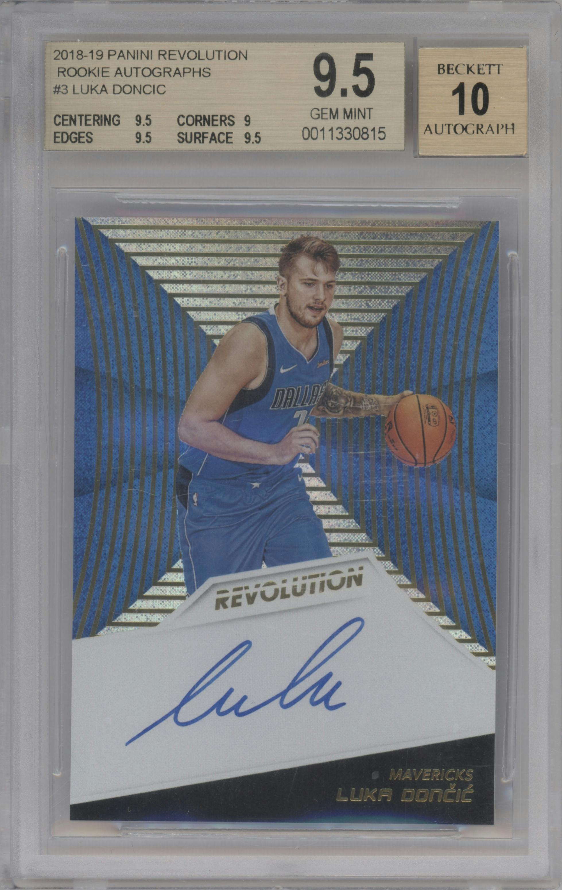 Luka Doncic from the 2018-19 Panini Revolution  set graded by Beckett and given an overall grade of 9.5.