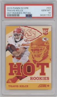 Travis Kelce from the 2013 Score set featuring a Retail parallel graded by PSA and given an overall grade of 10.