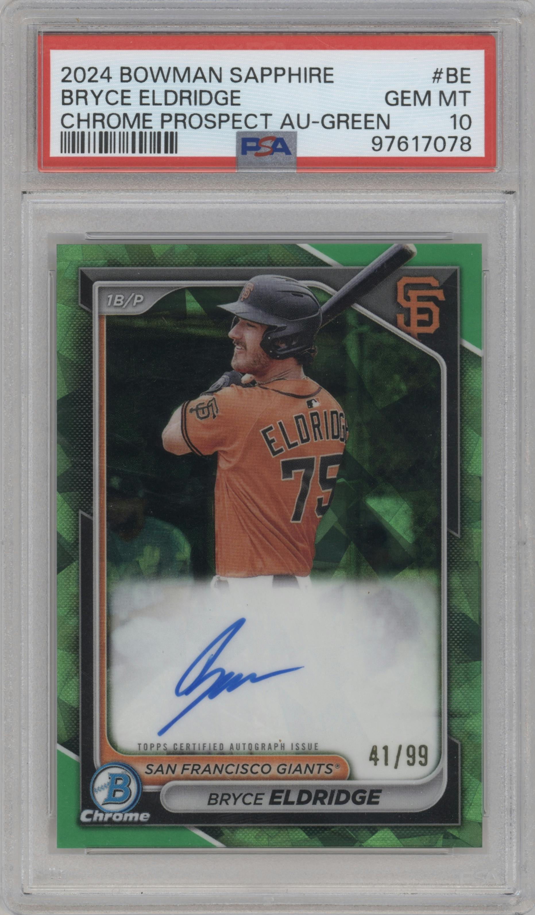 Bryce Eldridge  from the 2024 Bowman Sapphire Edition set featuring a Green parallel graded by PSA and given an overall grade of 10.