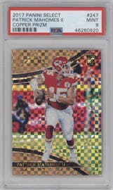 Patrick Mahomes II from the 2017 Panini Select set featuring a Copper Prizm  parallel graded by PSA and given an overall grade of 9.