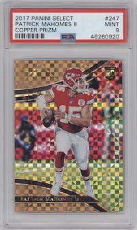 Patrick Mahomes II from the 2017 Panini Select set featuring a Copper Prizm  parallel graded by PSA and given an overall grade of 9.