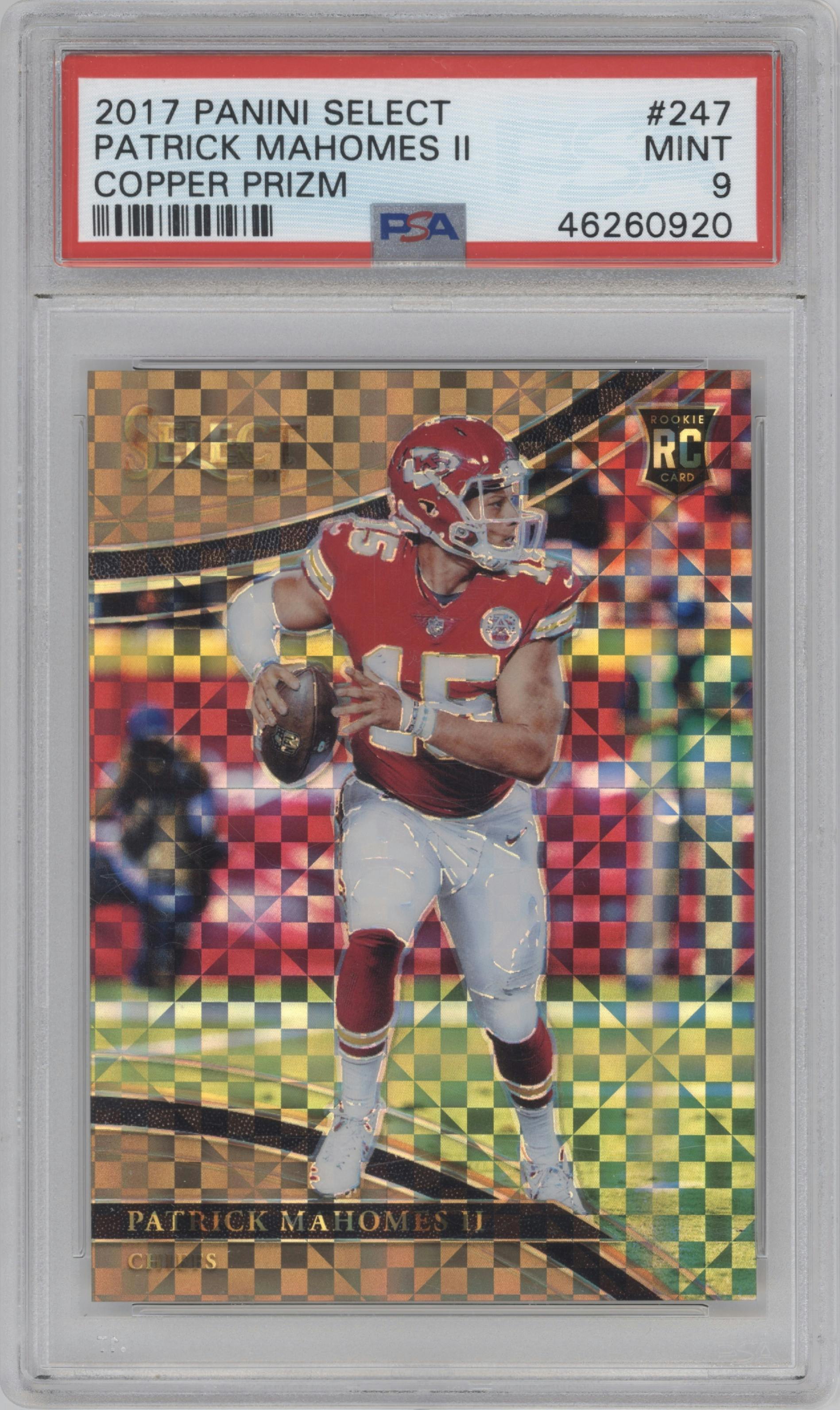 Patrick Mahomes II from the 2017 Panini Select set featuring a Copper Prizm  parallel graded by PSA and given an overall grade of 9.