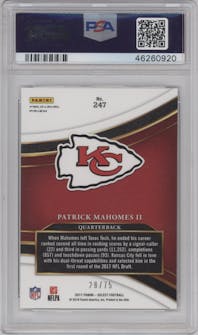 Patrick Mahomes II from the 2017 Panini Select set featuring a Copper Prizm  parallel graded by PSA and given an overall grade of 9.