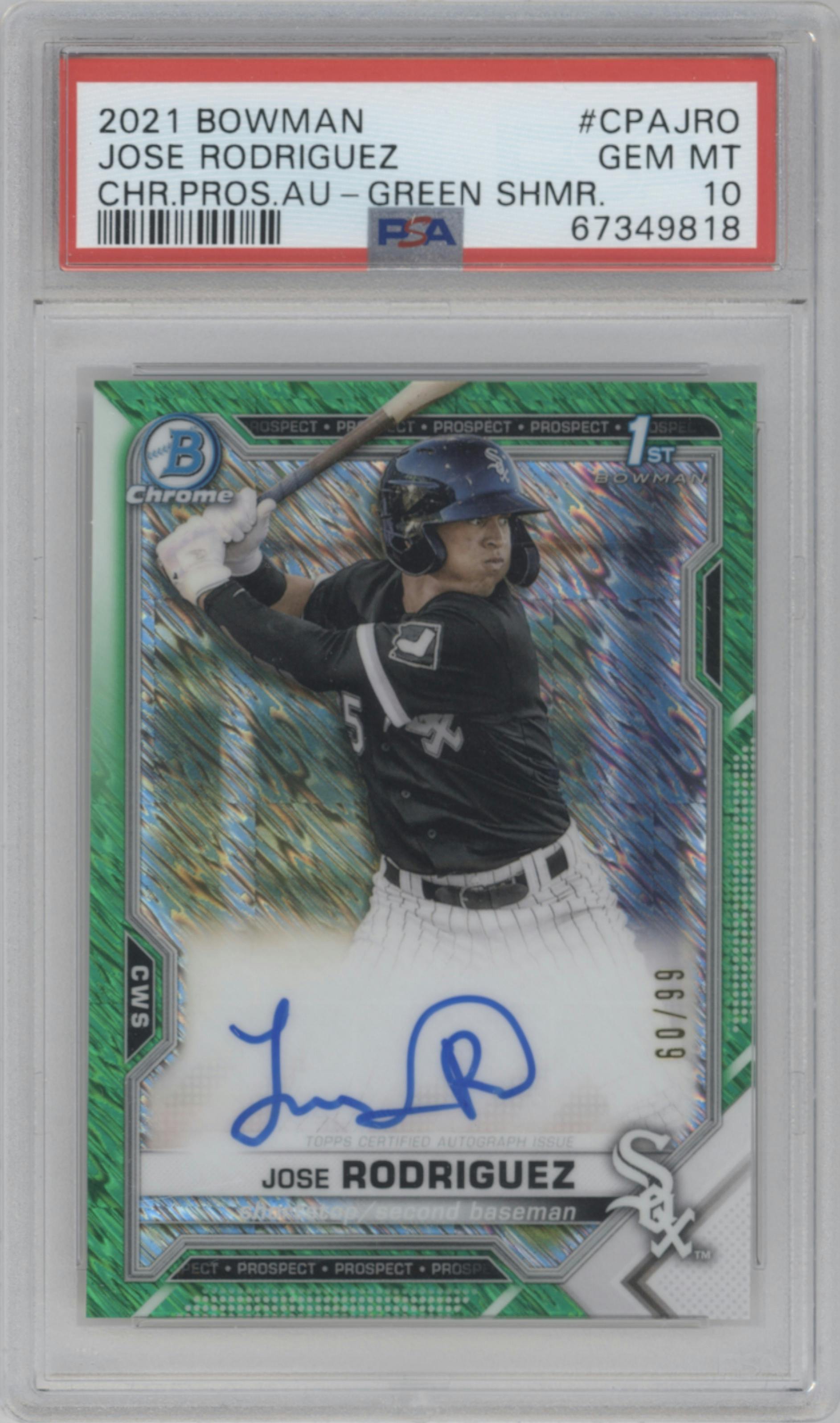 Jose Rodriguez from the 2021 Bowman set featuring a Green Shimmer Refractor parallel graded by PSA and given an overall grade of 10.