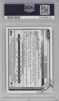 Jose Rodriguez from the 2021 Bowman set featuring a Green Shimmer Refractor parallel graded by PSA and given an overall grade of 10.