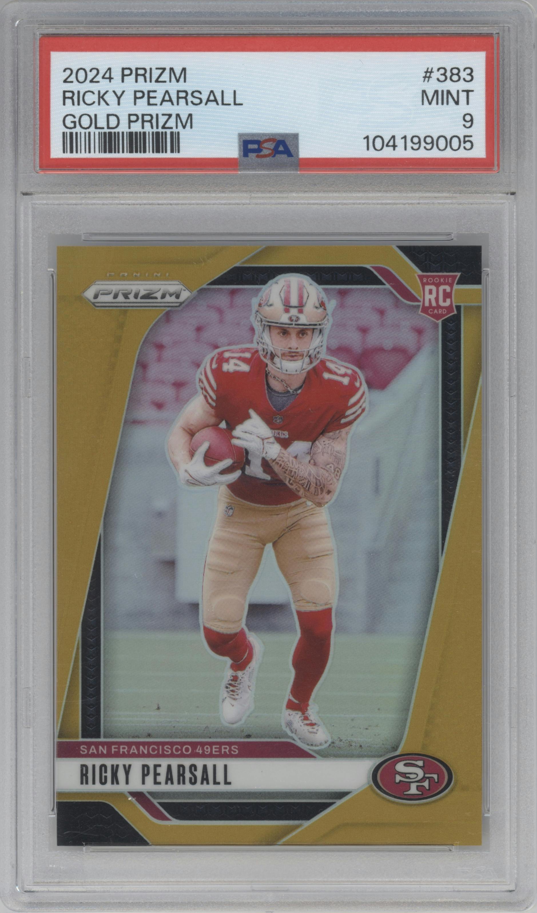 Ricky Pearsall from the 2024 Panini Prizm set featuring a Gold Prizm parallel graded by PSA and given an overall grade of 9.
