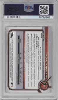 Jackson Holliday from the 2022 Bowman Draft set featuring a Refractor parallel graded by PSA and given an overall grade of 10.