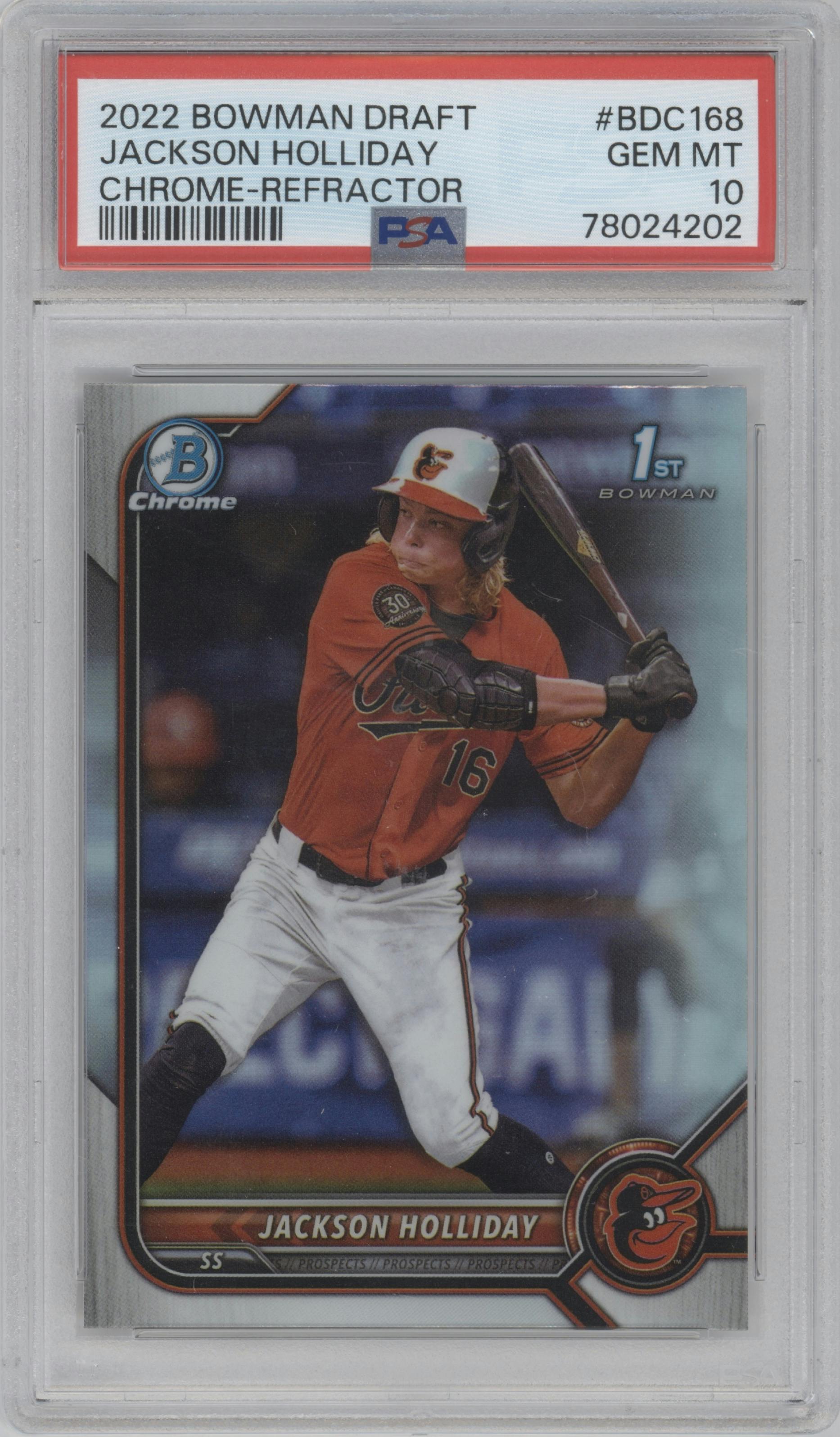Jackson Holliday from the 2022 Bowman Draft set featuring a Refractor parallel graded by PSA and given an overall grade of 10.