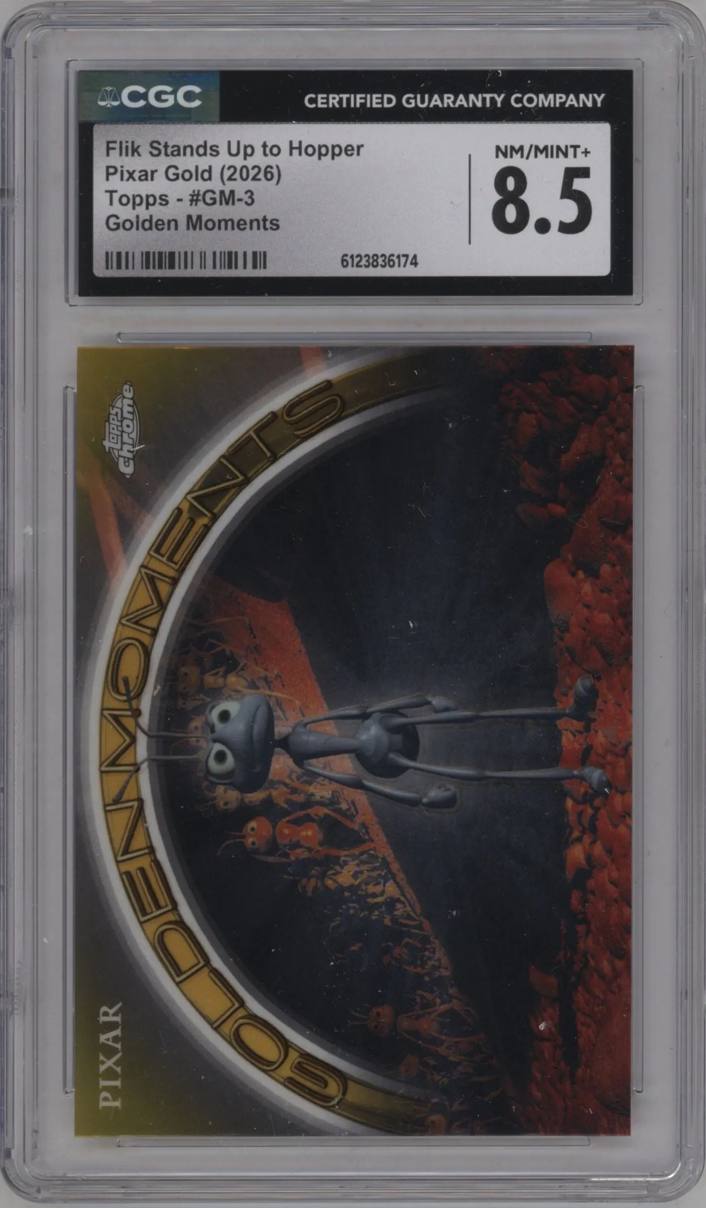 2025 Topps Pixar Gold Golden Moments Flik Stands Up to Hopper CGC 8.5