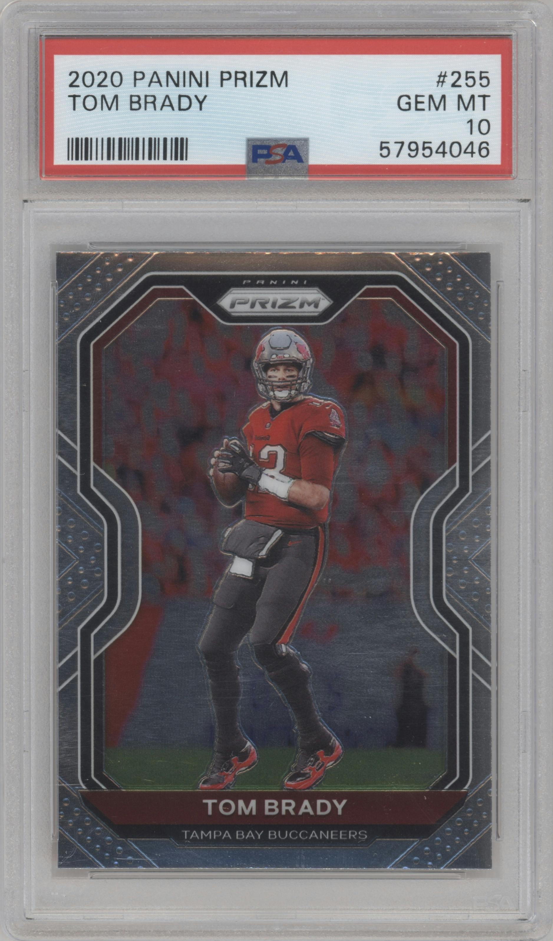 Tom Brady from the 2020 Panini Prizm set graded by PSA and given an overall grade of 10.
