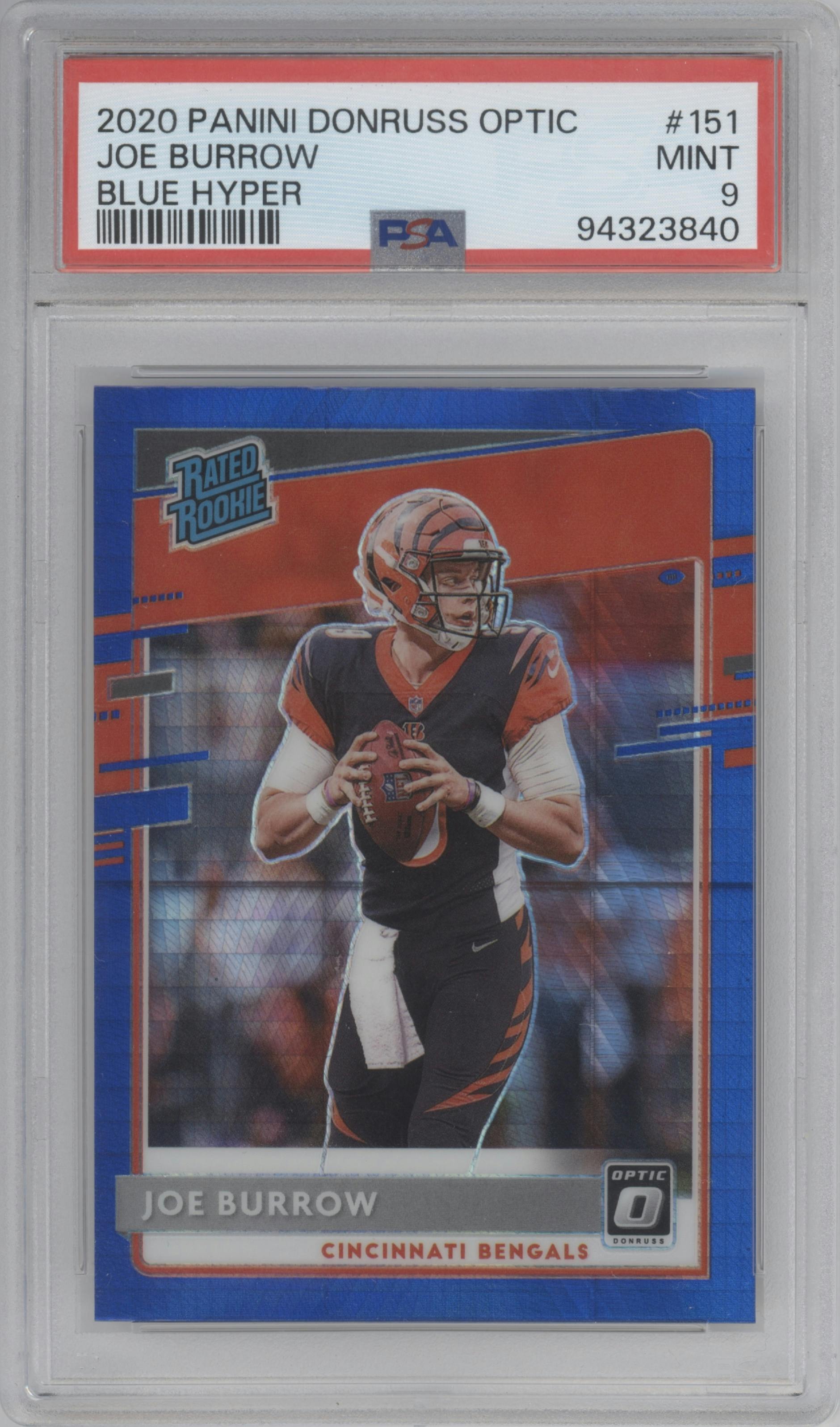 Joe Burrow from the 2020 Panini Donruss Optic set featuring a Hyper Blue  parallel graded by PSA and given an overall grade of 9.