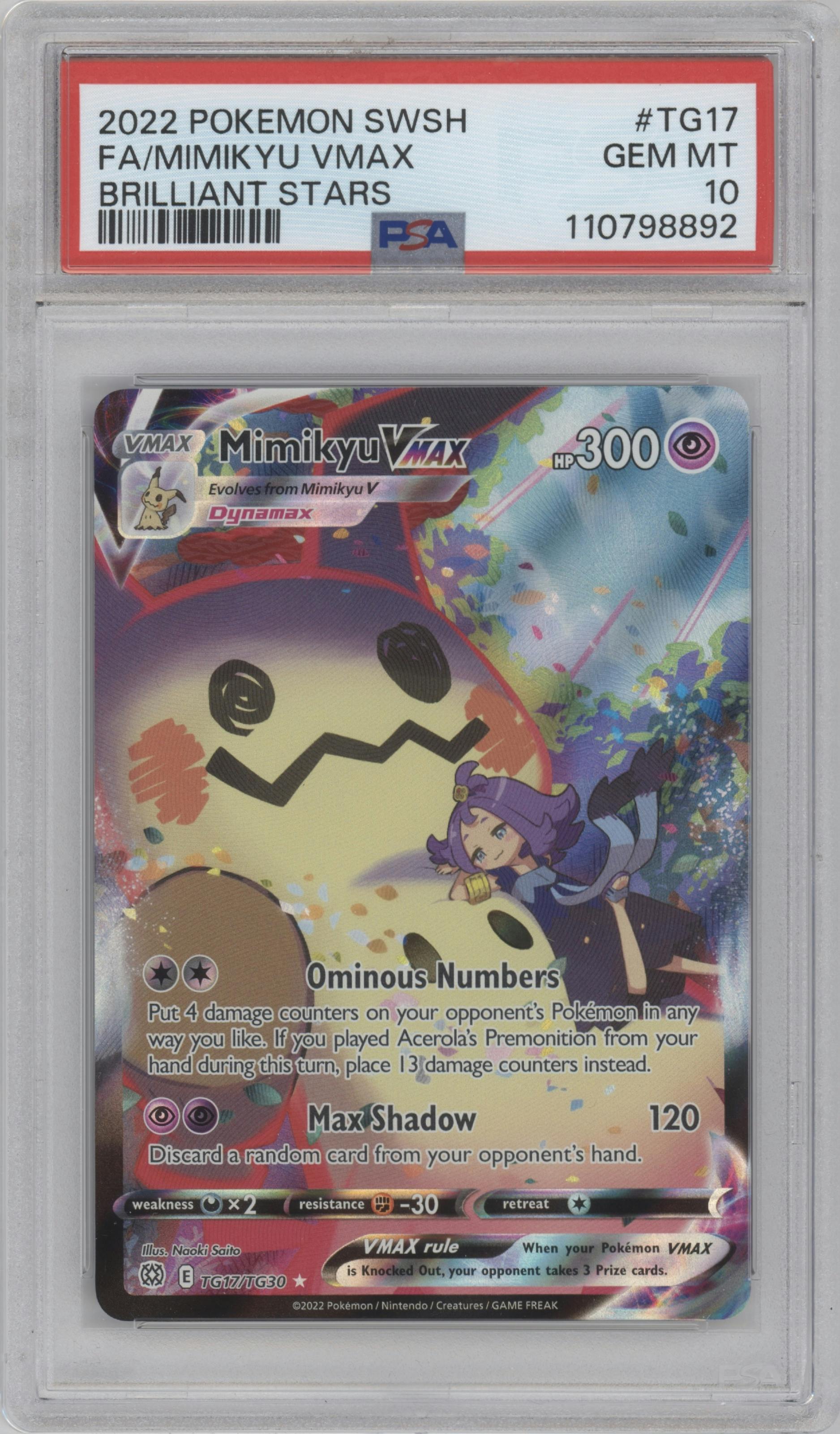 Mimikyu VMAX from the 2022 Pokemon SWSH set graded by PSA and given an overall grade of 10.