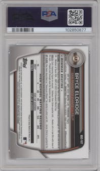 Bryce Eldridge from the 2023 Bowman Draft set featuring a Sky Blue Refractor parallel graded by PSA and given an overall grade of 10.
