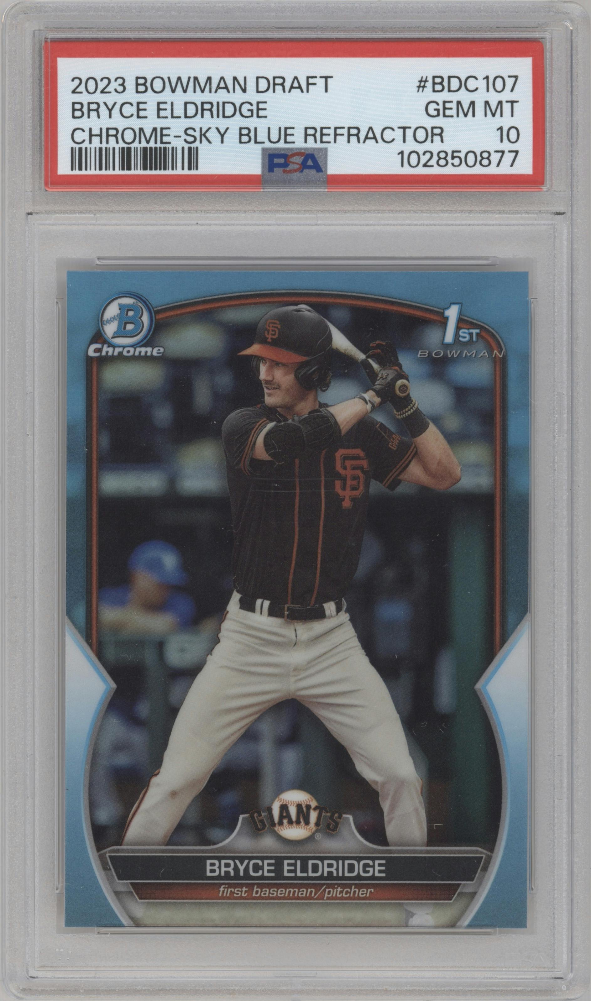 Bryce Eldridge from the 2023 Bowman Draft set featuring a Sky Blue Refractor parallel graded by PSA and given an overall grade of 10.