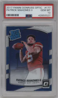Patrick Mahomes II from the 2017 Panini Donruss Optic set graded by PSA and given an overall grade of 10.