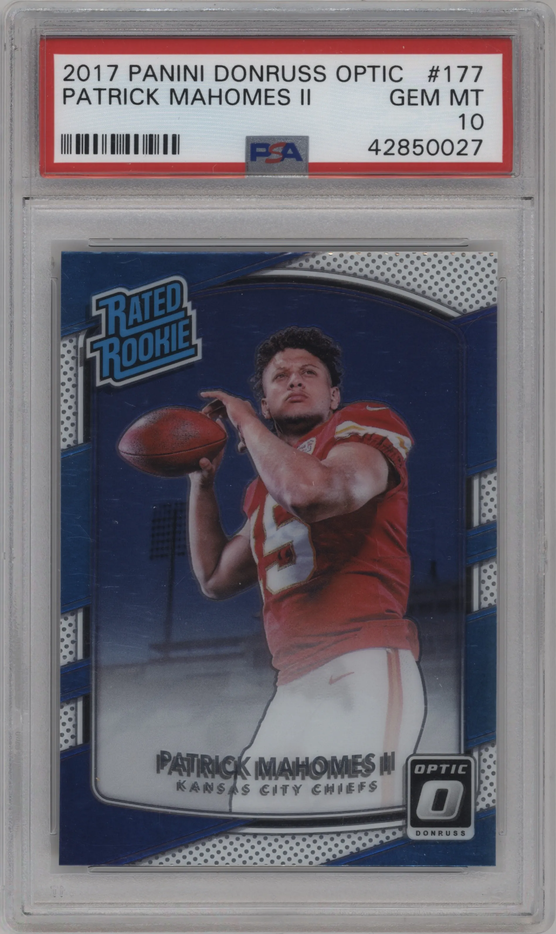 Patrick Mahomes II from the 2017 Panini Donruss Optic set graded by PSA and given an overall grade of 10.