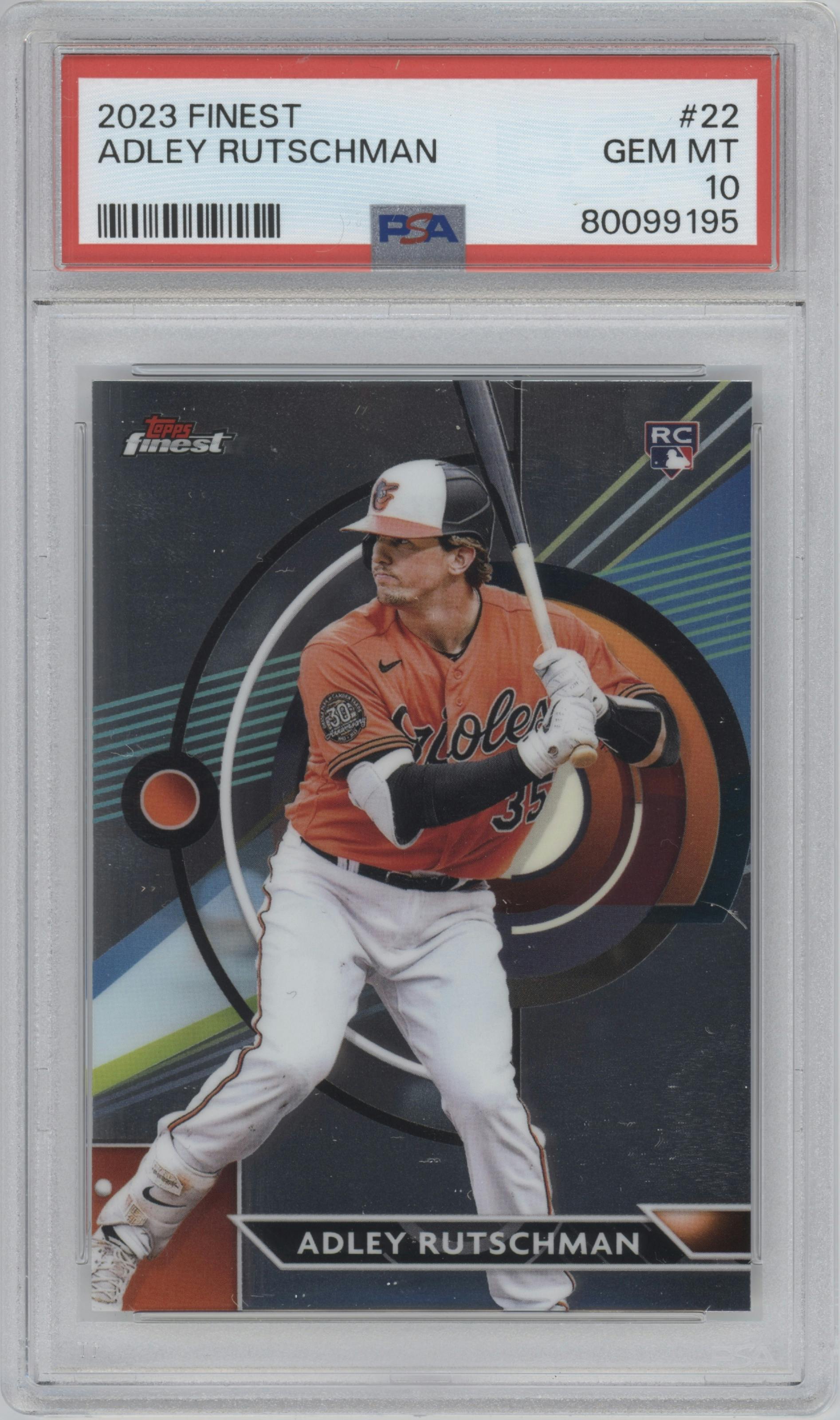 Adley Rutschman from the 2023 Topps Finest set graded by PSA and given an overall grade of 10.