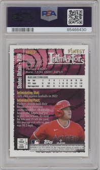 Shohei Ohtani from the 2023 Topps Finest Flashbacks set featuring a Rare Gold Border parallel graded by PSA and given an overall grade of 10.