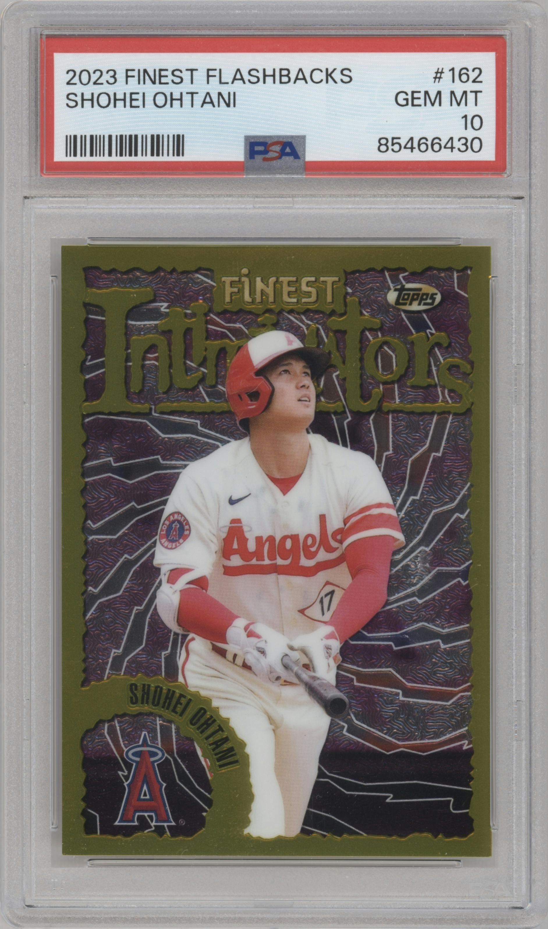 Shohei Ohtani from the 2023 Topps Finest Flashbacks set featuring a Rare Gold Border parallel graded by PSA and given an overall grade of 10.