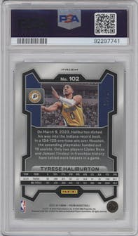 Tyrese Haliburton from the 2023-24 Panini Prizm set featuring a Mojo parallel graded by PSA and given an overall grade of 10.