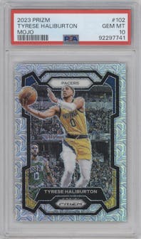 Tyrese Haliburton from the 2023-24 Panini Prizm set featuring a Mojo parallel graded by PSA and given an overall grade of 10.