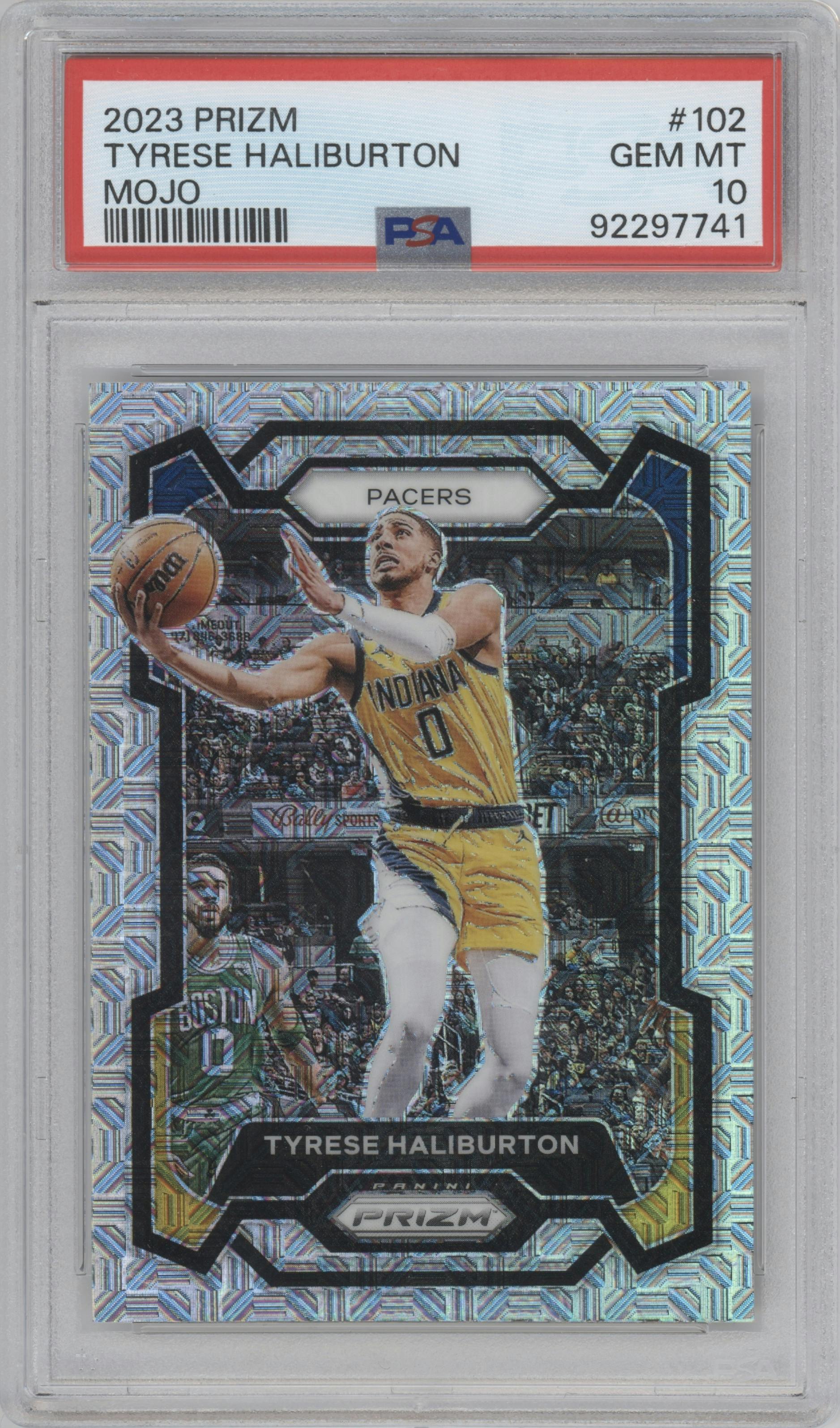 Tyrese Haliburton from the 2023-24 Panini Prizm set featuring a Mojo parallel graded by PSA and given an overall grade of 10.
