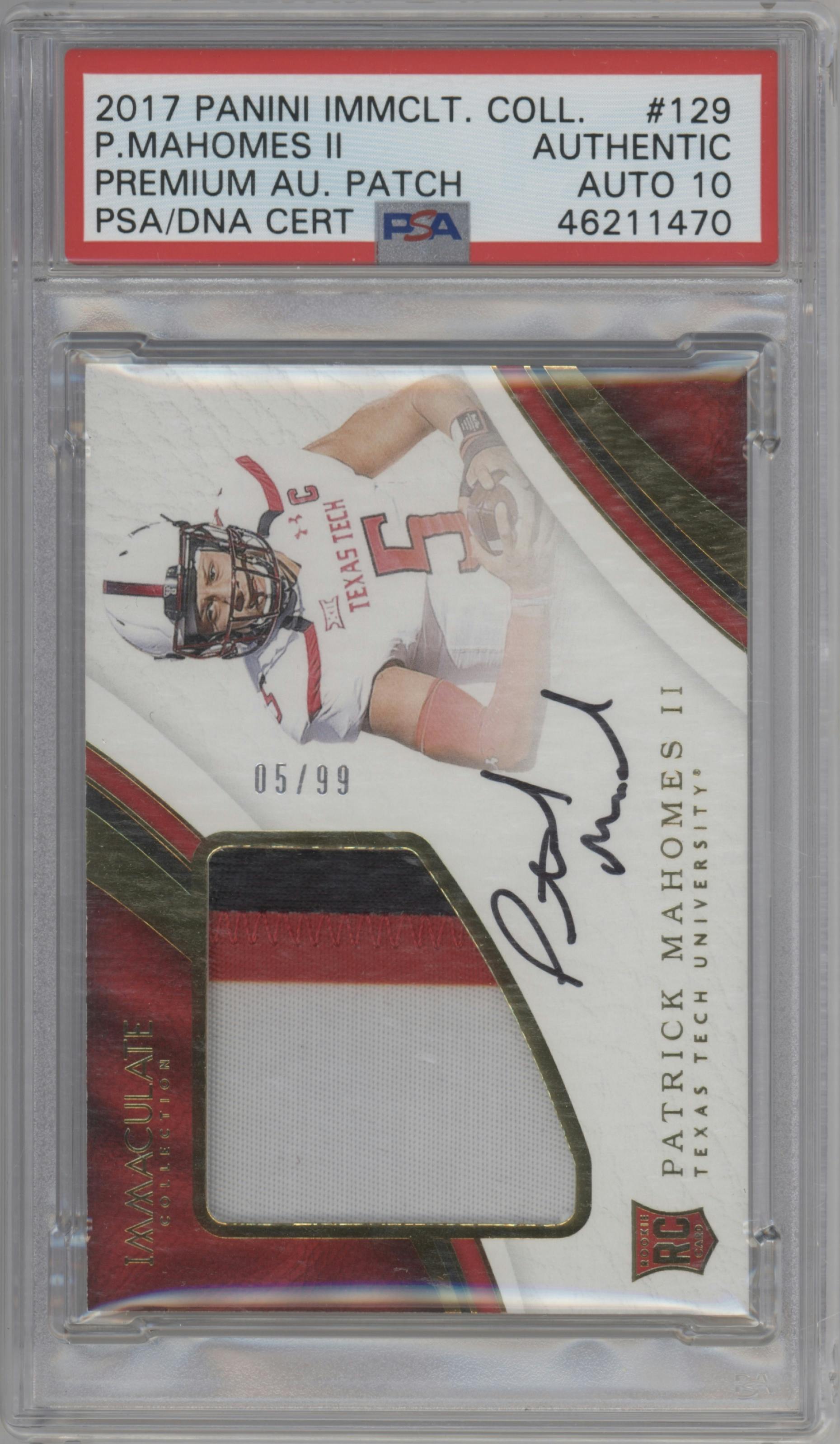 Patrick Mahomes II from the 2017 Panini Immaculate Collection Collegiate set graded by PSA.