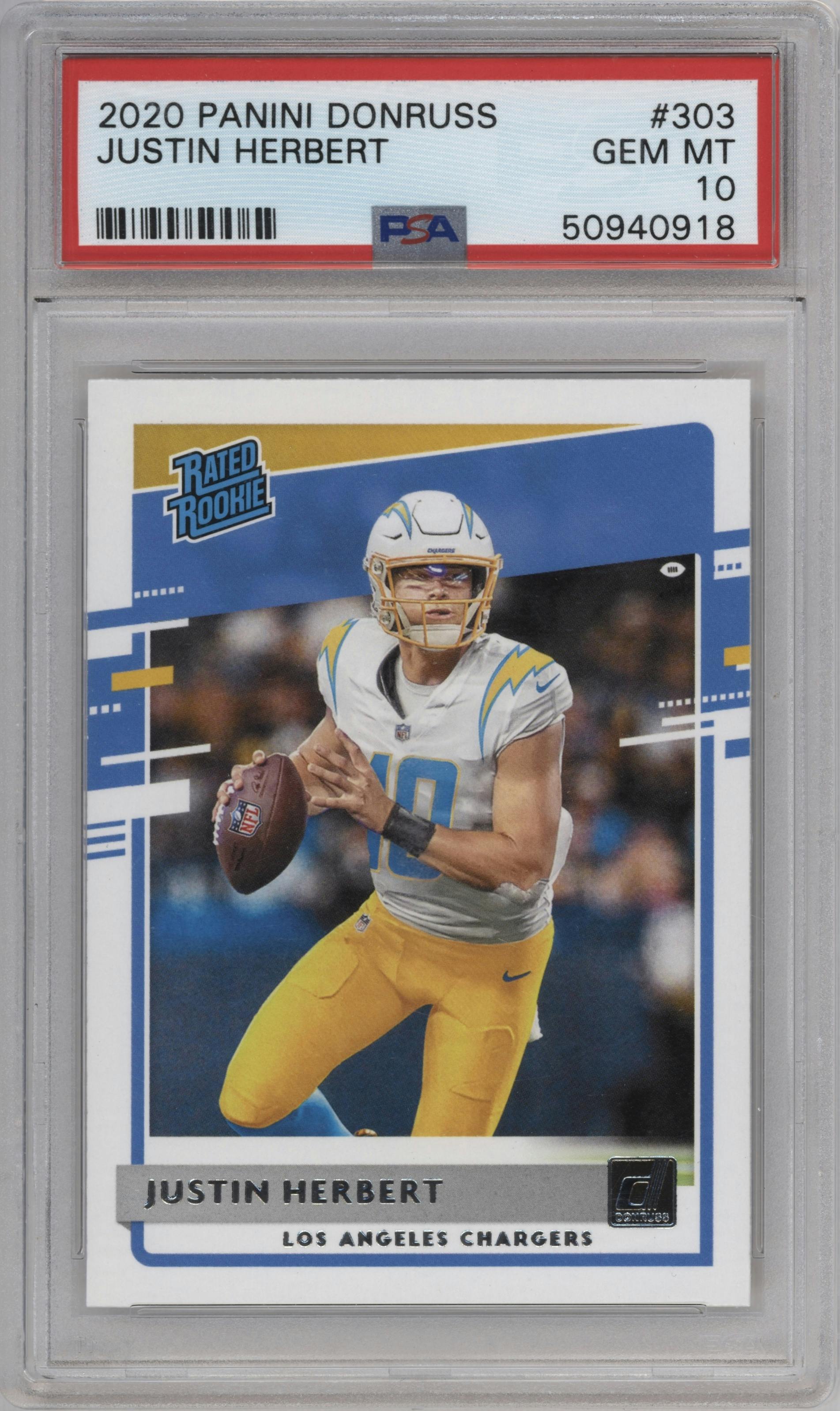 Justin Herbert from the 2020 Panini Donruss set graded by PSA and given an overall grade of 10.
