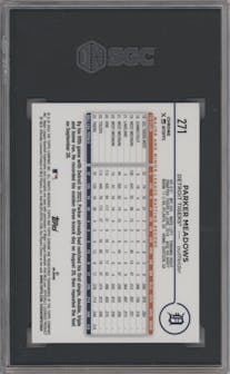 Parker Meadows from the 2024 Topps Chrome set featuring a Blue Sonar Refractor parallel graded by SGC and given an overall grade of 9.5.