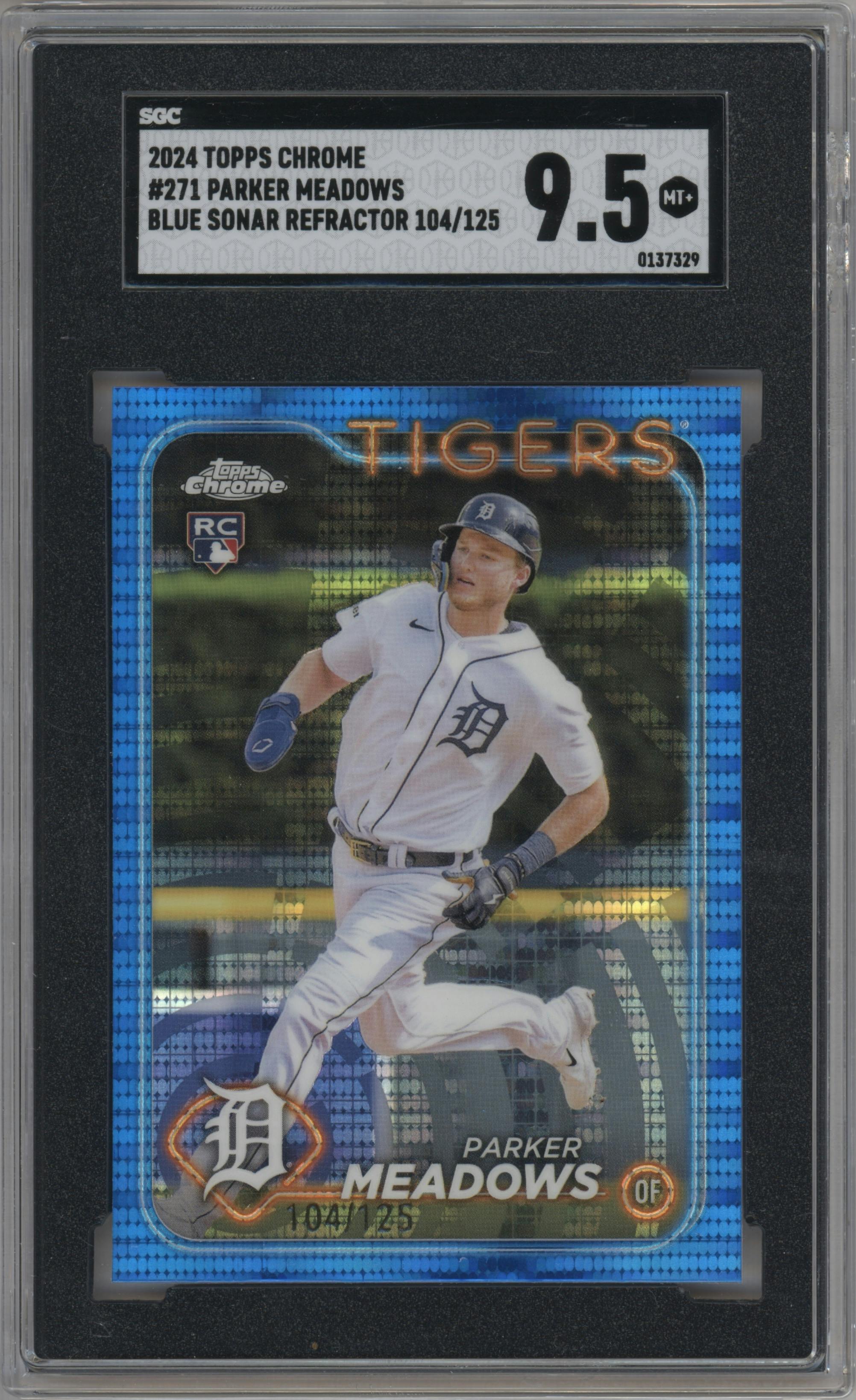 Parker Meadows from the 2024 Topps Chrome set featuring a Blue Sonar Refractor parallel graded by SGC and given an overall grade of 9.5.