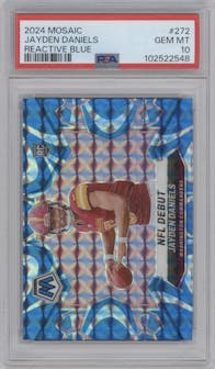 Jayden Daniels from the 2024 Panini Mosaic set featuring a Reactive Blue parallel graded by PSA and given an overall grade of 10.