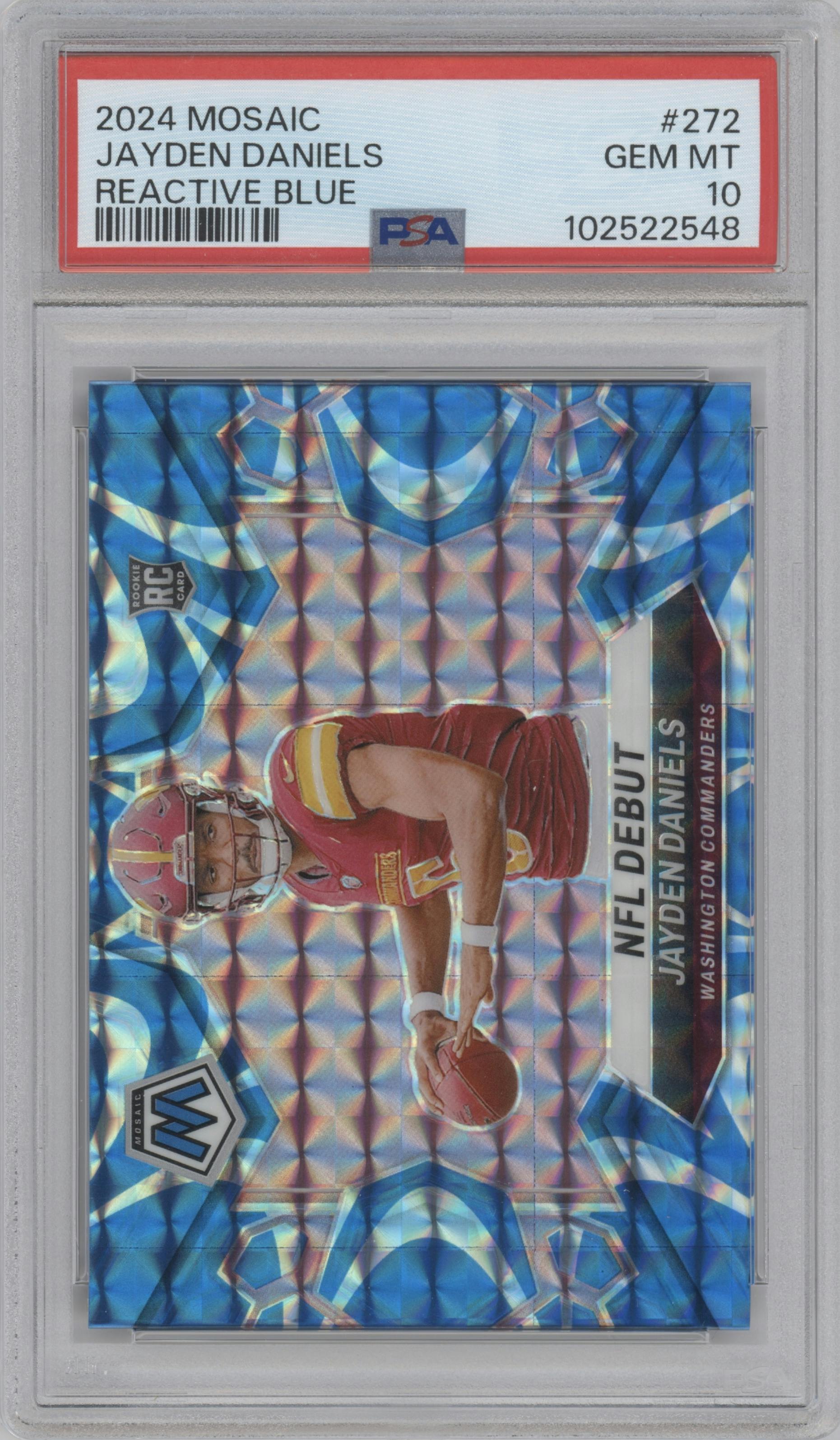 Jayden Daniels from the 2024 Panini Mosaic set featuring a Reactive Blue parallel graded by PSA and given an overall grade of 10.