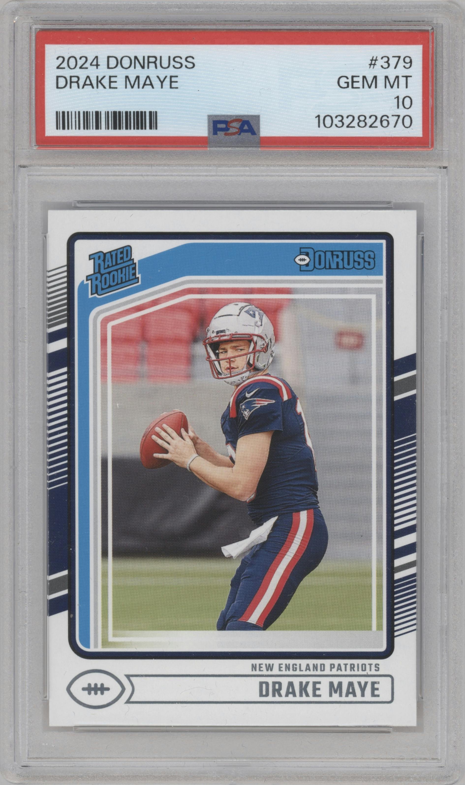 Drake Maye from the 2024 Donruss set graded by PSA and given an overall grade of 10.