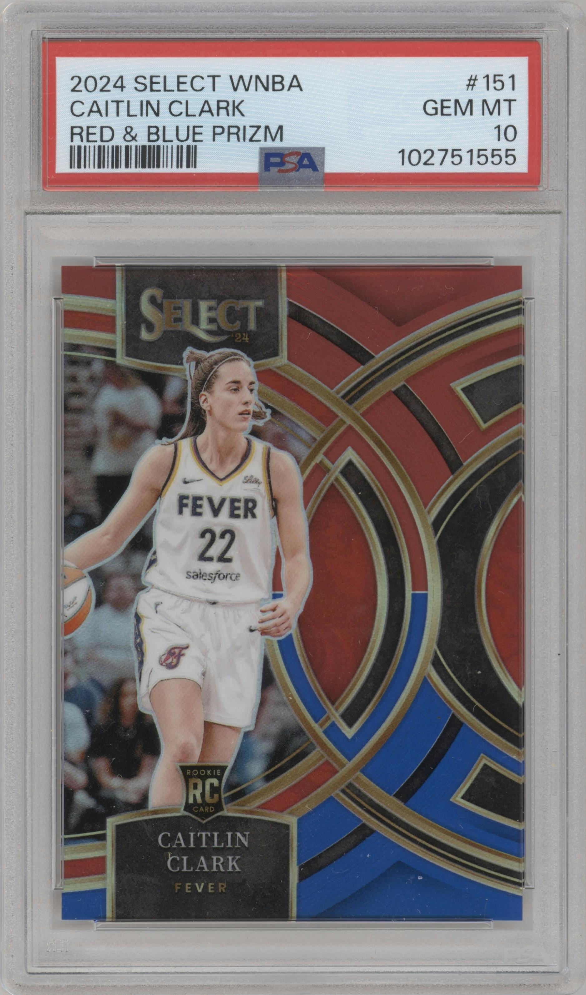 Caitlin Clark from the 2024 Panini Select WNBA set featuring a Red & Blue Prizm parallel graded by PSA and given an overall grade of 10.