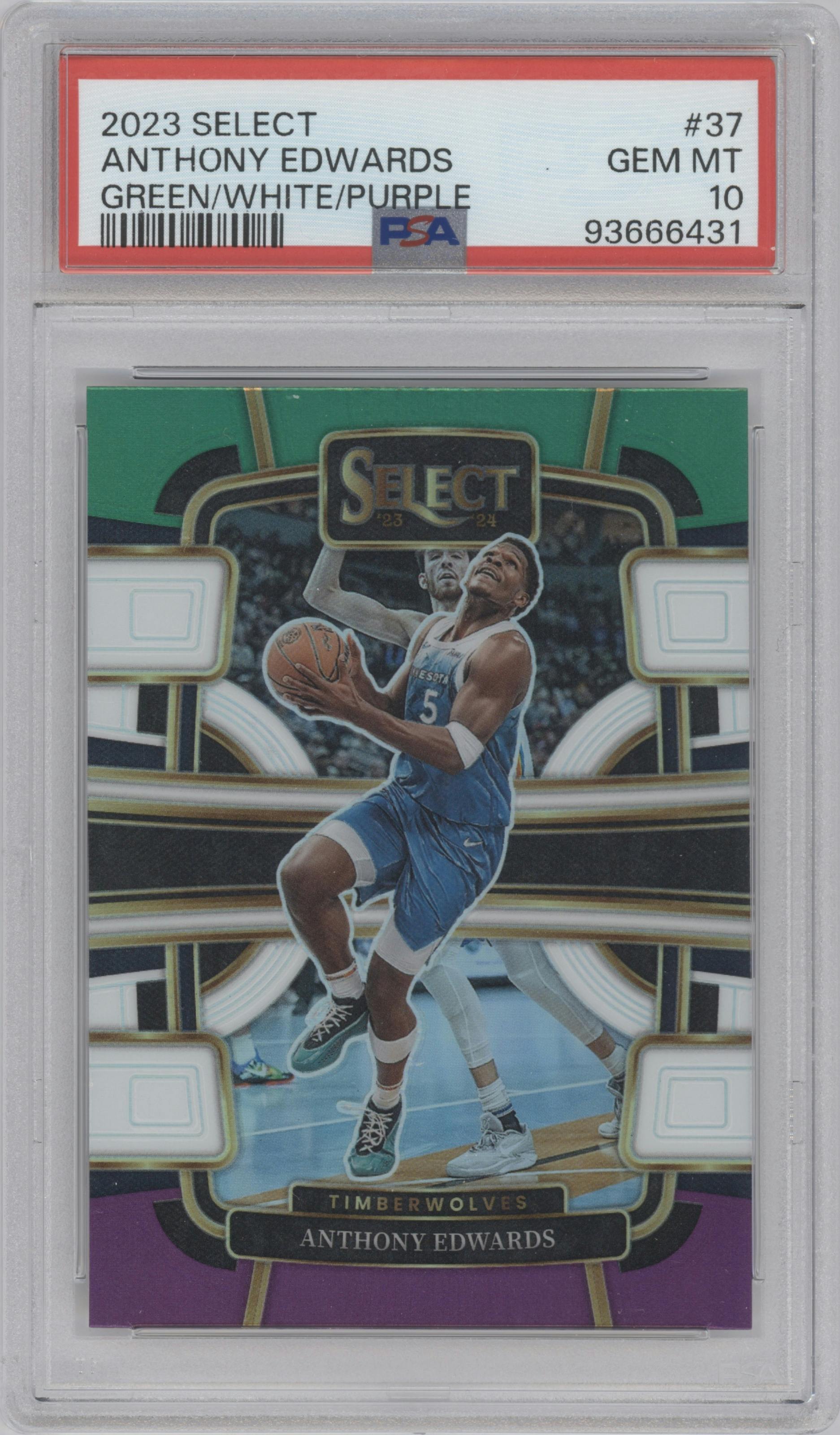 Anthony Edwards from the 2023-24 Panini Select  set featuring a Green White Purple Prizm parallel graded by PSA and given an overall grade of 10.