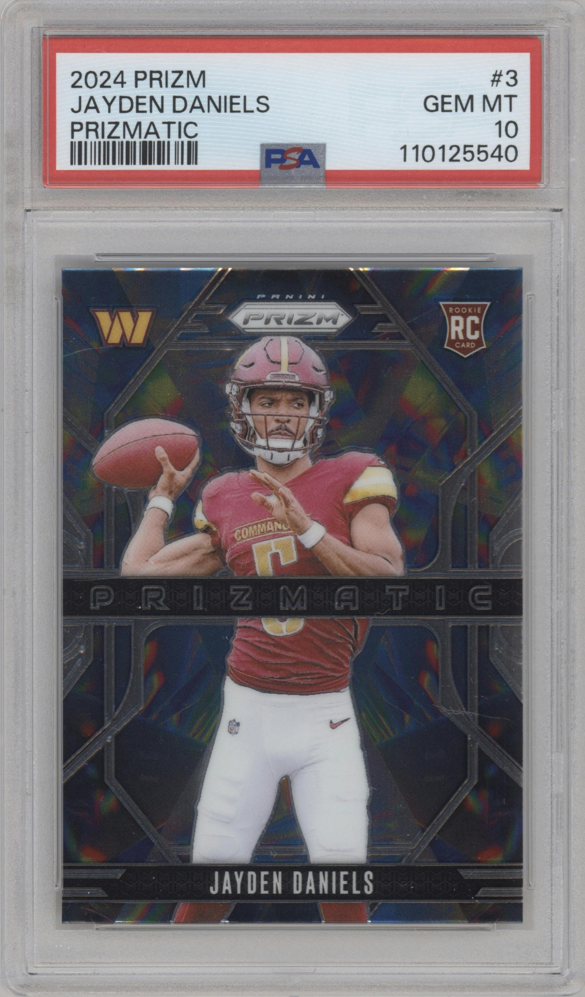Jayden Daniels from the 2024 Panini Prizm set graded by PSA and given an overall grade of 10.