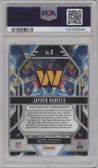 Jayden Daniels from the 2024 Panini Prizm set graded by PSA and given an overall grade of 10.