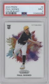 Paul Skenes from the 2024 Panini Prizm set graded by PSA and given an overall grade of 9.