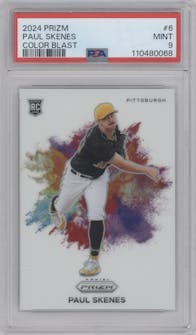 Paul Skenes from the 2024 Panini Prizm set graded by PSA and given an overall grade of 9.