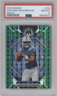 Anthony Richardson from the 2023 Panini Mosaic set featuring a Green Mosaic parallel graded by PSA and given an overall grade of 10.